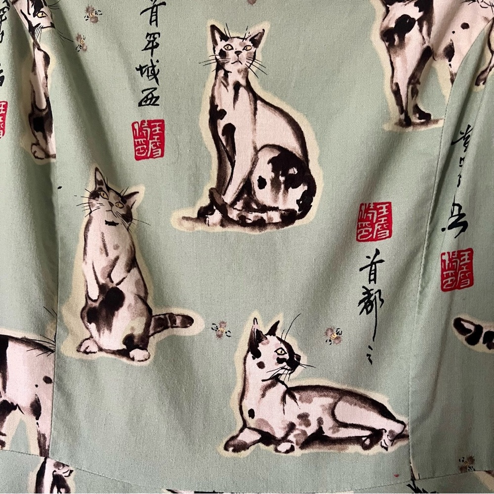 Vintage Green Cat Print homemade Dress - Picture 3 of 5